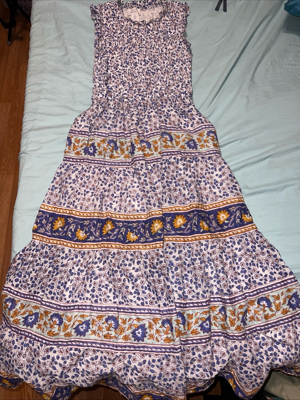 Calypso St. Barth Smocked Maxi Dress Blue White Floral Cotton Tiered Size XS